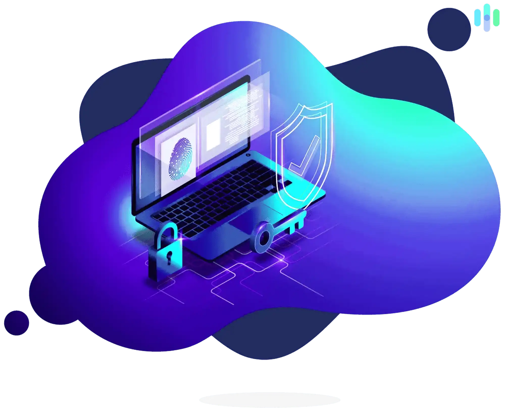 Ilustrasi komputer riba dengan ikon keselamatan digital yang mewakili pautan alternatif SBOBET yang masih aktif.